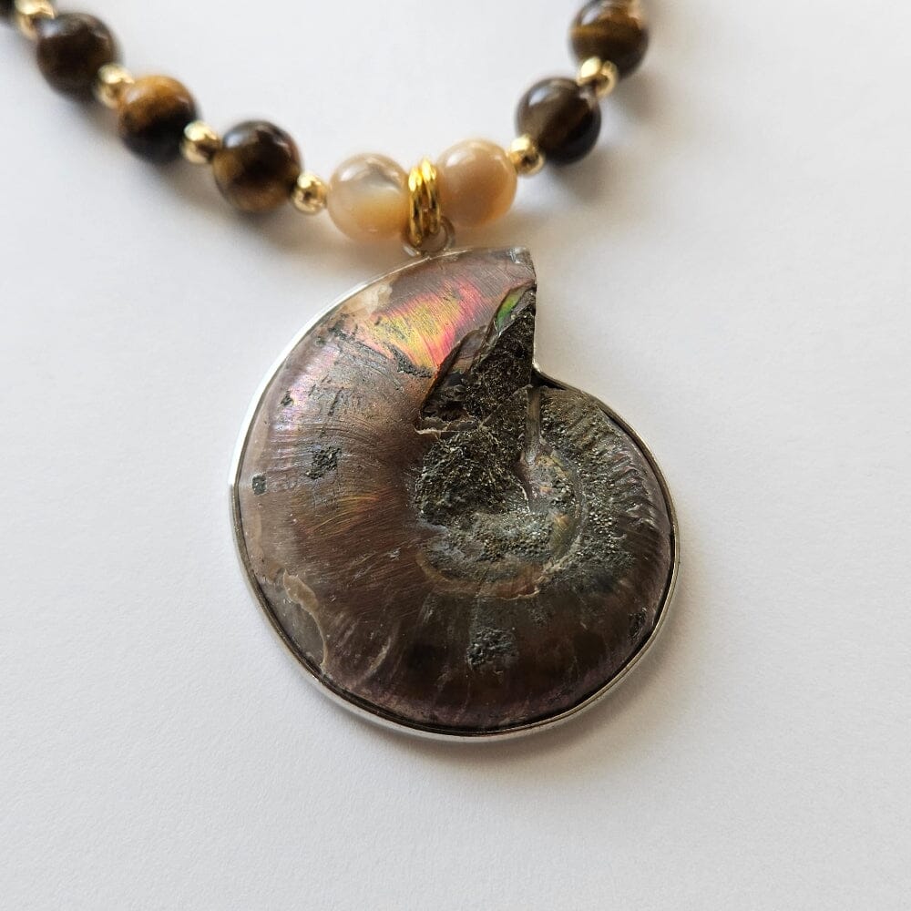 
                  
                    Fossilized ammonite pendant with tiger's eye beads, mother-of-pearl, gold-filled spacers, gold-color metal rondelles, chalcedony barrel beads, and gold-plated clasp and findings.
                  
                