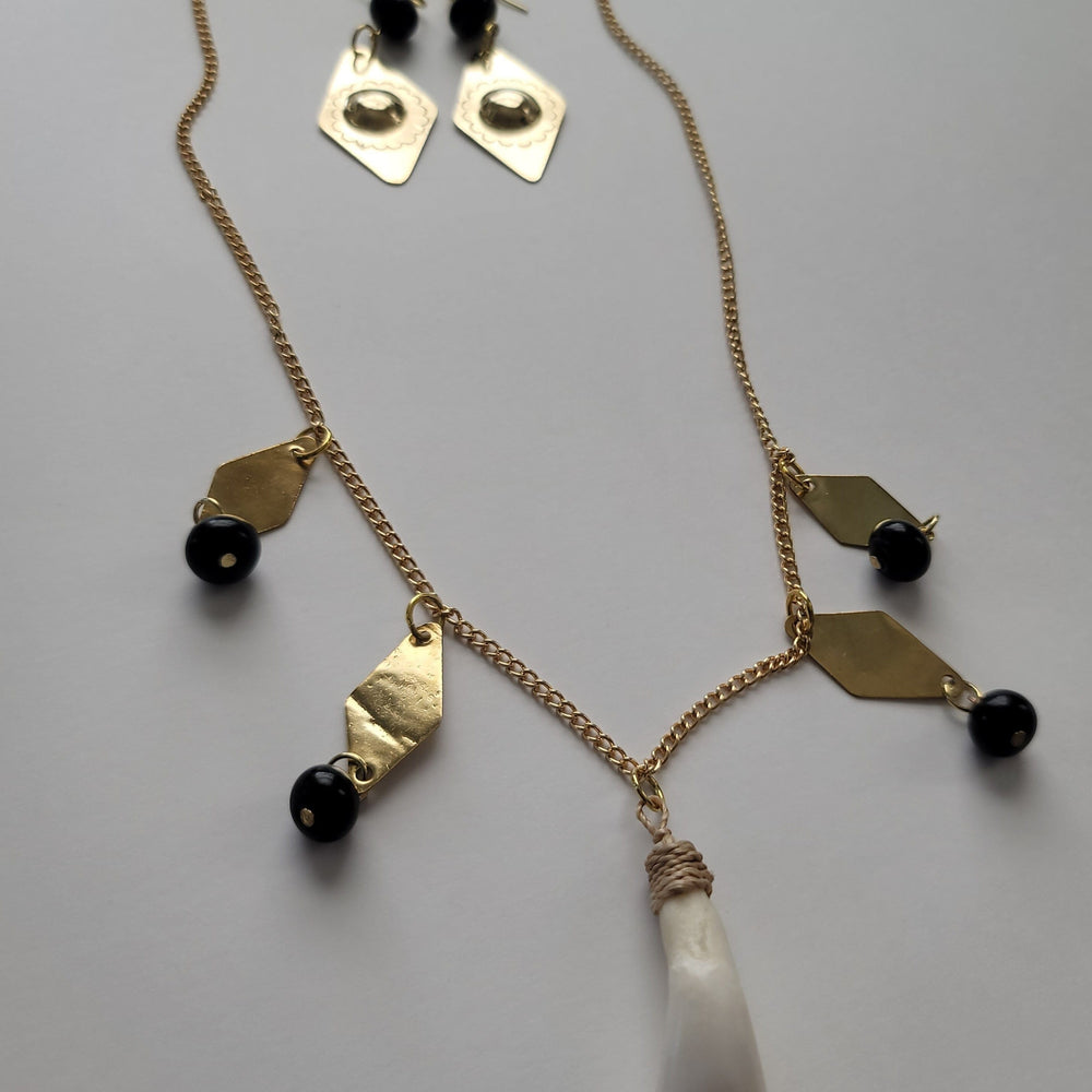 "Biyaya" Carabao Tooth and Horn Beads with Brass Diamonds Chain Necklace and Earrings Set Herbalaria 