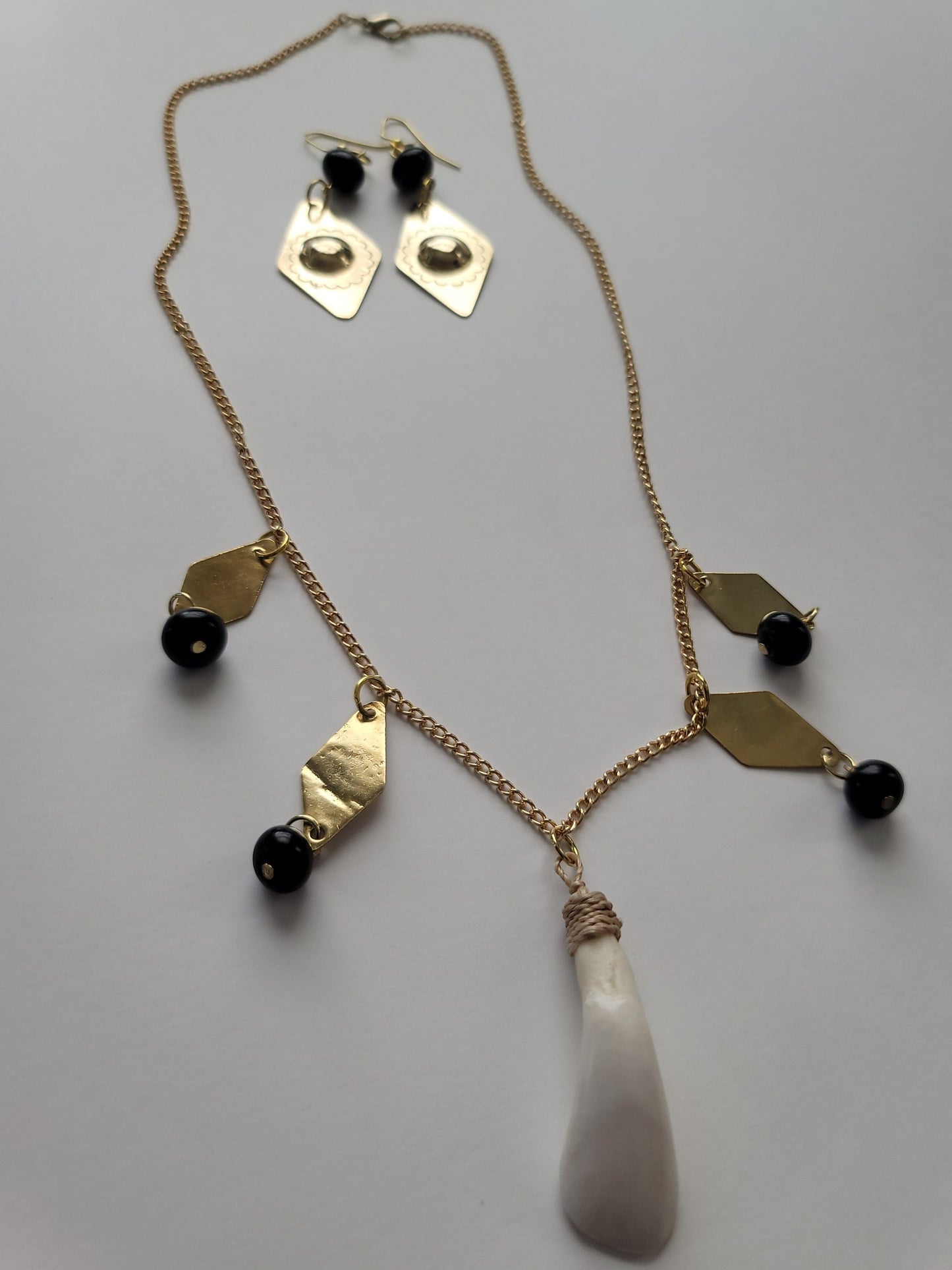 "Biyaya" Carabao Tooth and Horn Beads with Brass Diamonds Chain Necklace and Earrings Set Herbalaria 