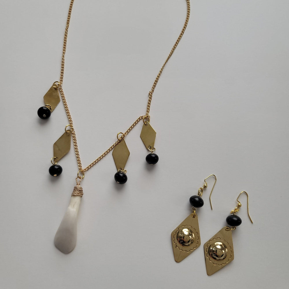 "Biyaya" Carabao Tooth and Horn Beads with Brass Diamonds Chain Necklace and Earrings Set Herbalaria 