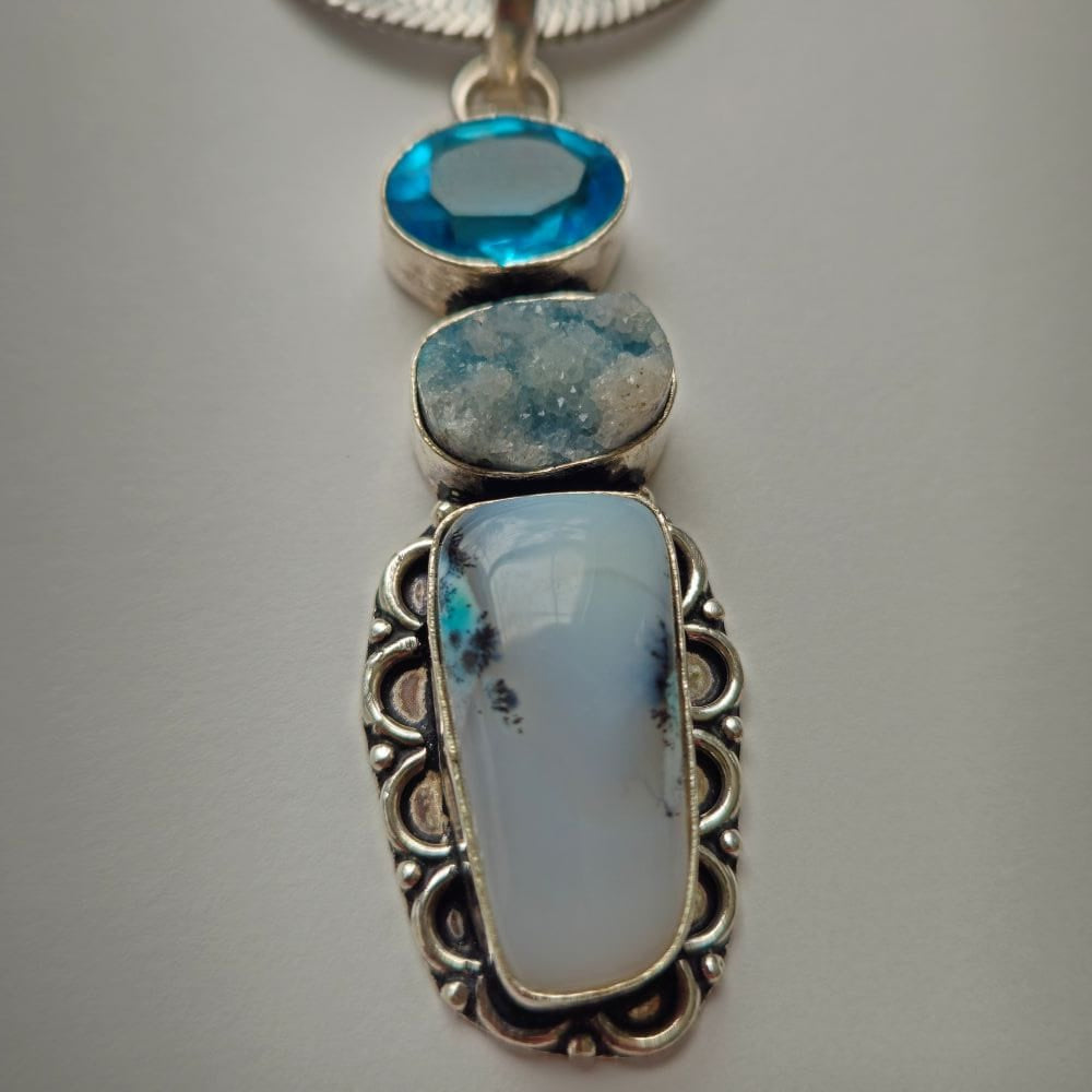
                  
                    Shaman Stone Dendritic Opal, Drusy Quartz, and Blue Topaz Accessories Herbalaria LLC 
                  
                