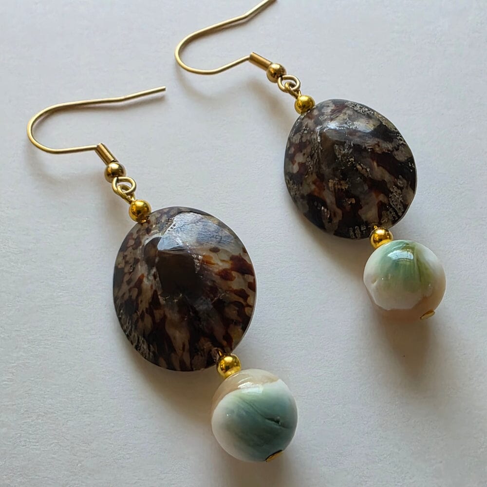 Limpet shell beads with blue green pearl shell beads and gold plated ear wire