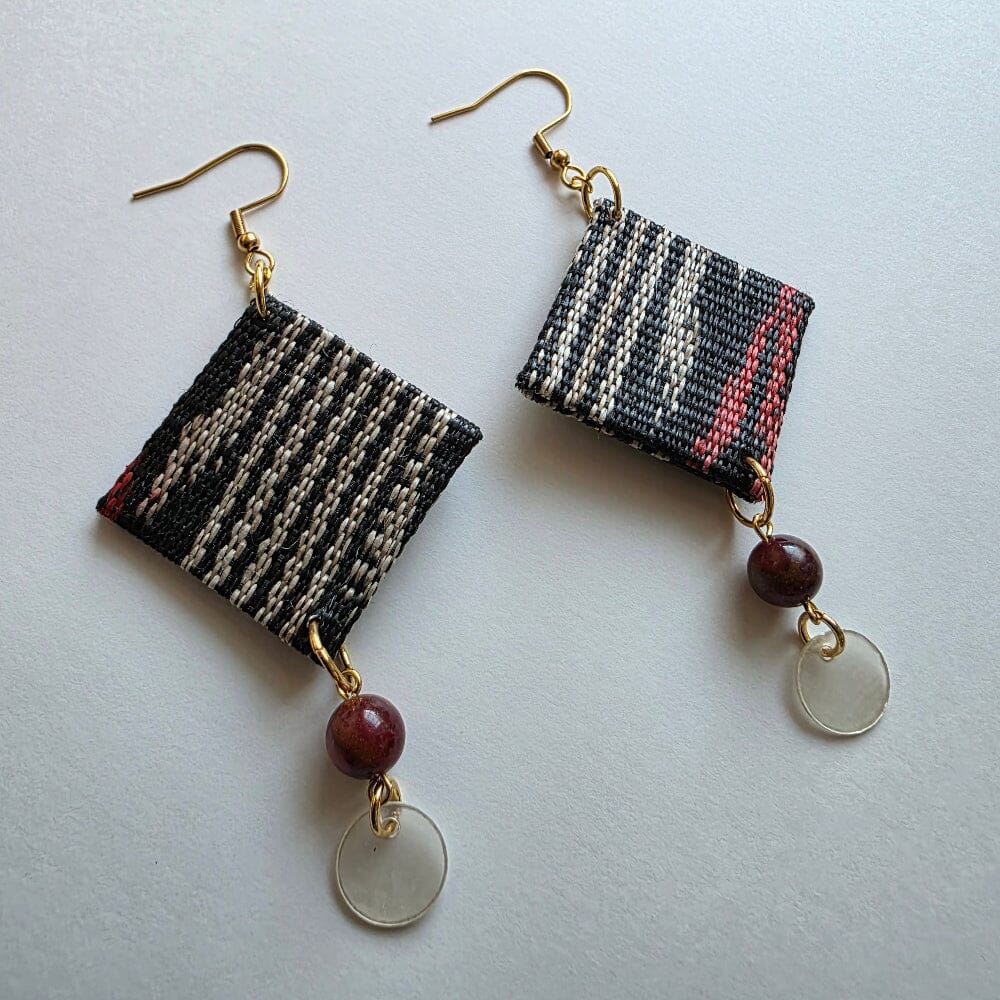 kite design t'nalak fabric earrings with capiz shell and stone bead with gold plated earwire hooks