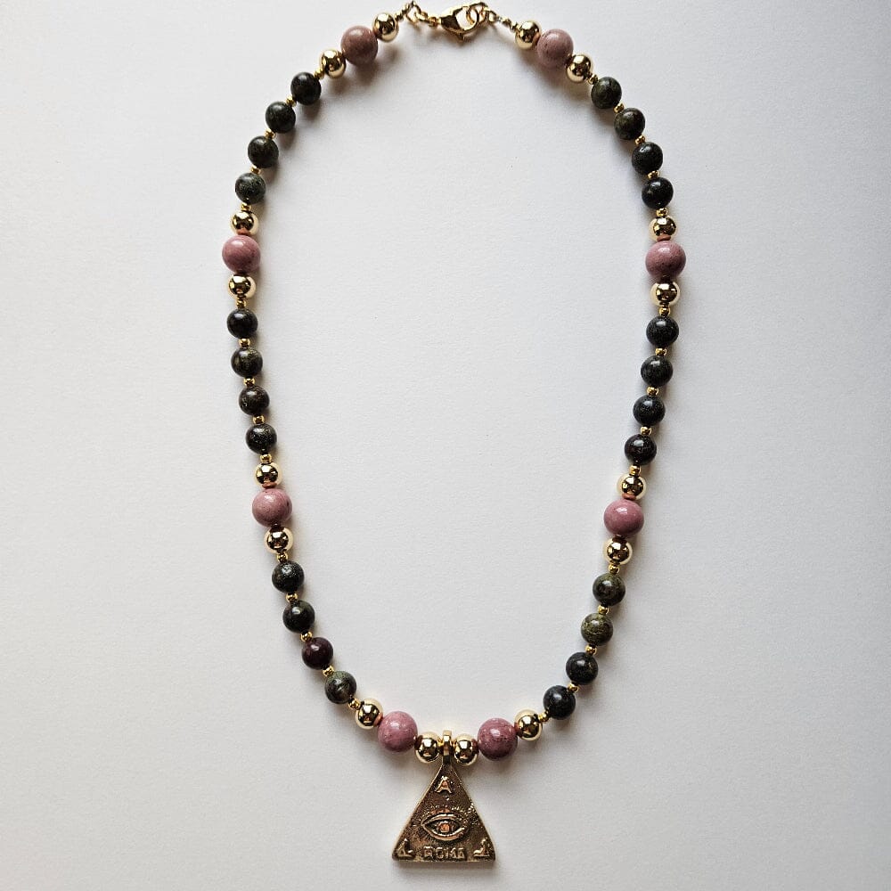 Trespico anting-anting amuletic necklace with rhodonite, bloodstone heliotrope jasper, gold plated stainless steel beads, gold-filled spacers, and gold-plated clasp and findings.