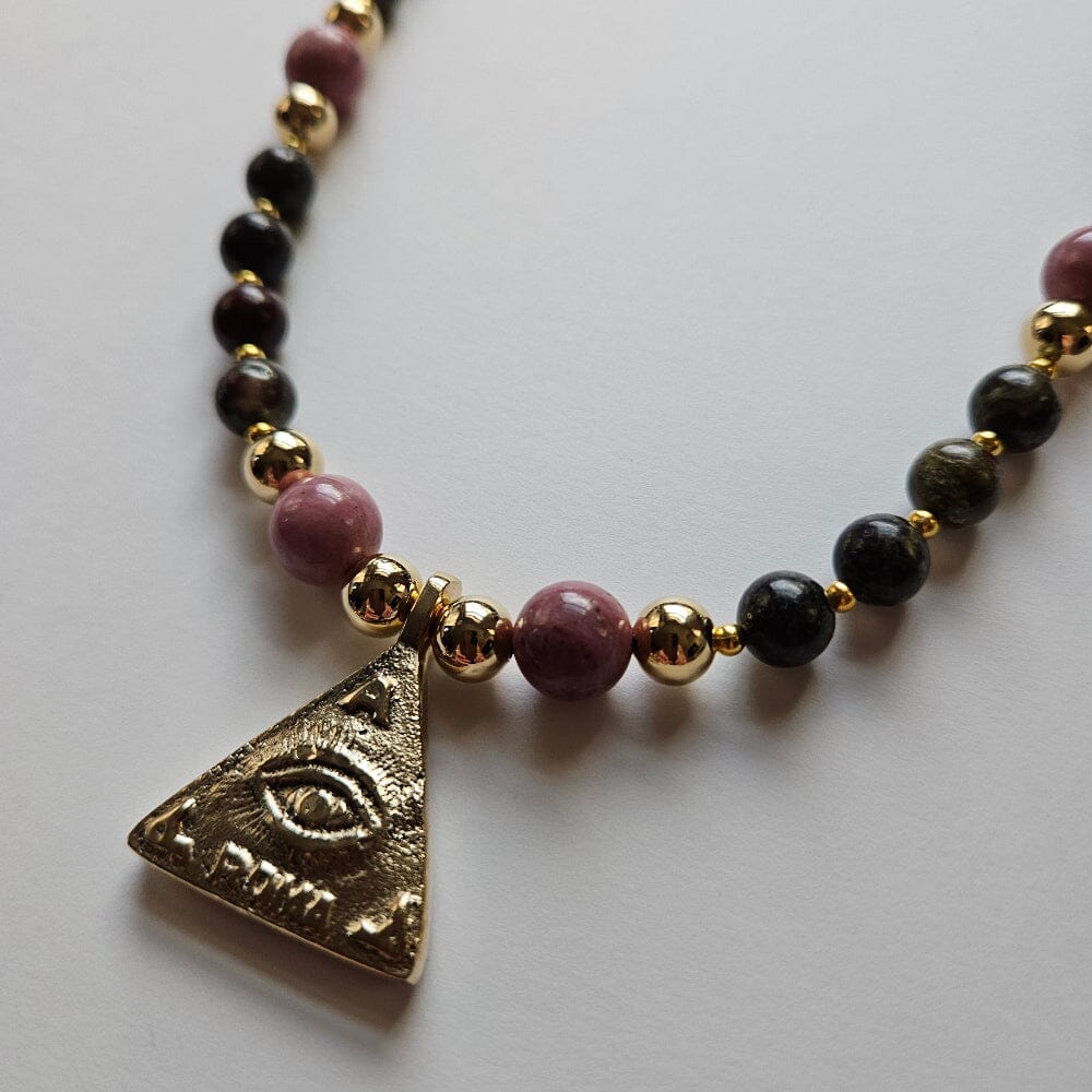 Trespico anting-anting amuletic necklace with rhodonite, bloodstone heliotrope jasper, gold plated stainless steel beads, gold-filled spacers, and gold-plated clasp and findings.